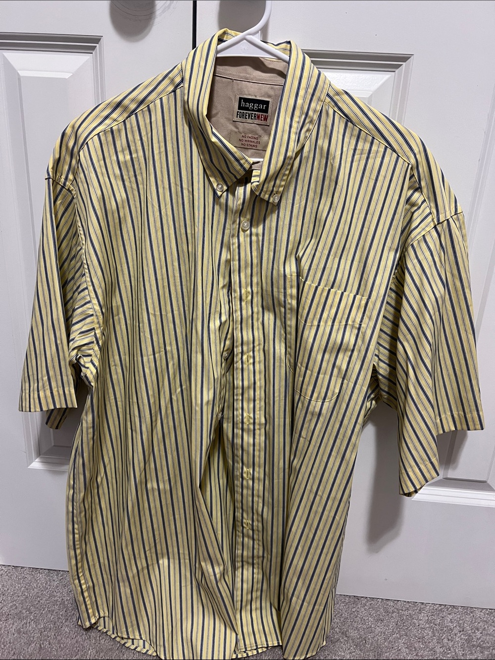 Haggar Yellow Shirt with Navy Stripe Short-Sleeve Button-Down